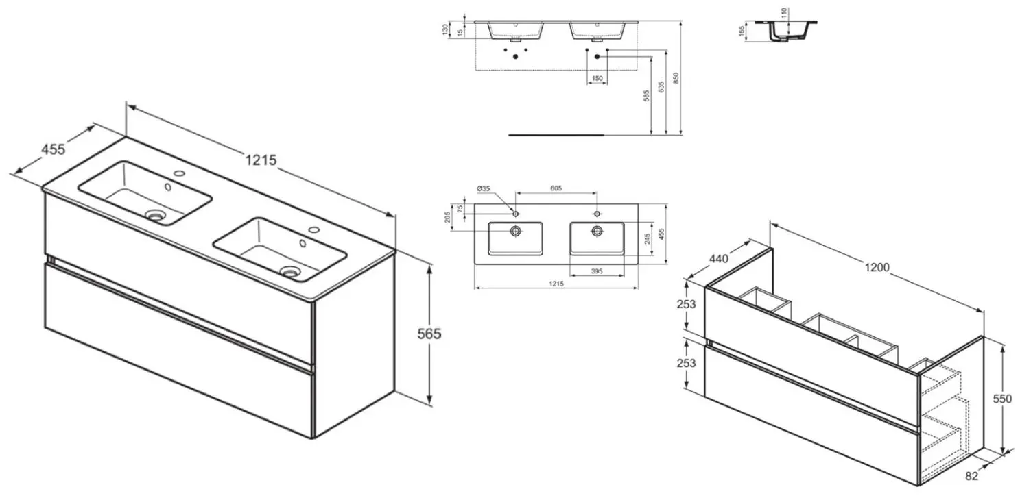 Ideal Standard Eurovit+ - Kast Met Dubbele Wastafel, 55x120x44 Cm, 2 Lades, Walnoot R0576Y9 2 Ideal Standard Eurovit+ - Kast Met Dubbele Wastafel, 55x120x44 Cm, 2 Lades, Walnoot R0576Y9 - Afbeelding 2