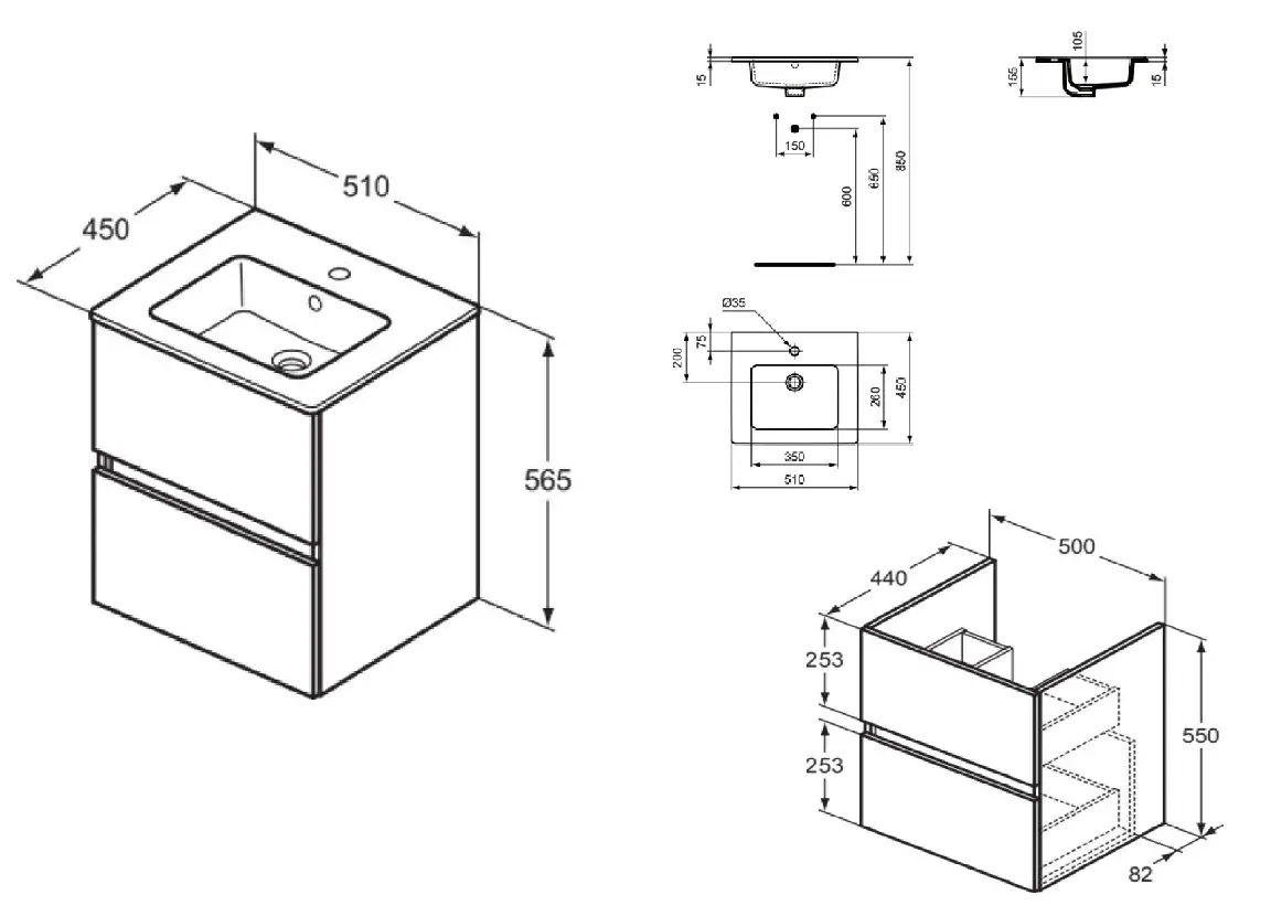 Ideal Standard Eurovit - Kast Met Wastafel, 55x50x44 Cm, 2 Laden, Glanzend Wit R0571WG 2 Ideal Standard Eurovit - Kast Met Wastafel, 55x50x44 Cm, 2 Laden, Glanzend Wit R0571WG - Afbeelding 2
