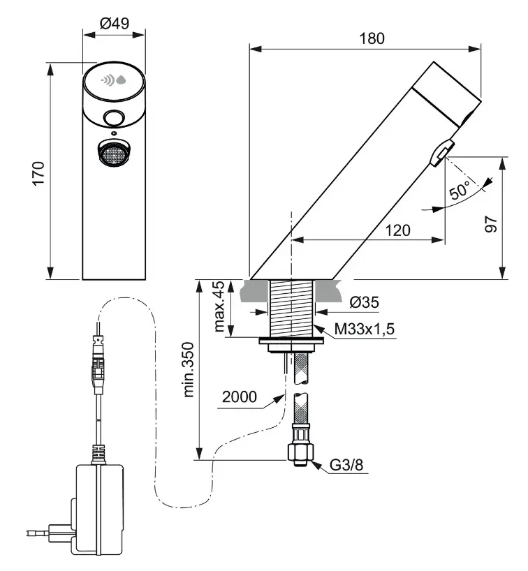 Ideal Standard SensorFlow - Elektronische Wastafelkraan Zonder Menging, Netvoeding, Zwart Onyx A7557B3 2 Ideal Standard SensorFlow - Elektronische Wastafelkraan Zonder Menging, Netvoeding, Zwart Onyx A7557B3 - Afbeelding 2