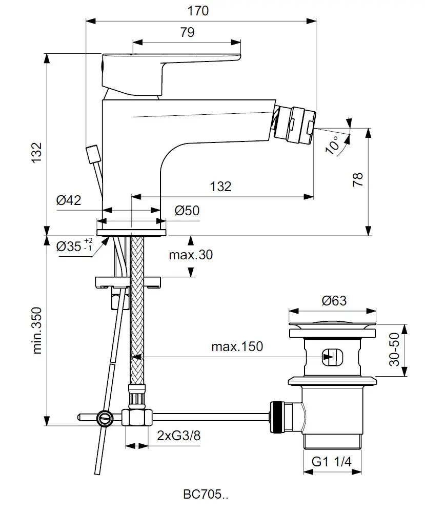 Ideal Standard Cerafine O - Bidetkraan Met Waste, Zwart BC705XG 2 Ideal Standard Cerafine O - Bidetkraan Met Waste, Zwart BC705XG - Afbeelding 2