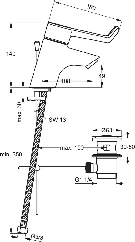Ideal Standard CeraPlus - Veiligheids Wastafelkraan Met Afvoerset (bedieningshendel 180 Mm), Chroom B8219AA 2 Ideal Standard CeraPlus - Veiligheids Wastafelkraan Met Afvoerset (bedieningshendel 180 Mm), Chroom B8219AA - Afbeelding 2