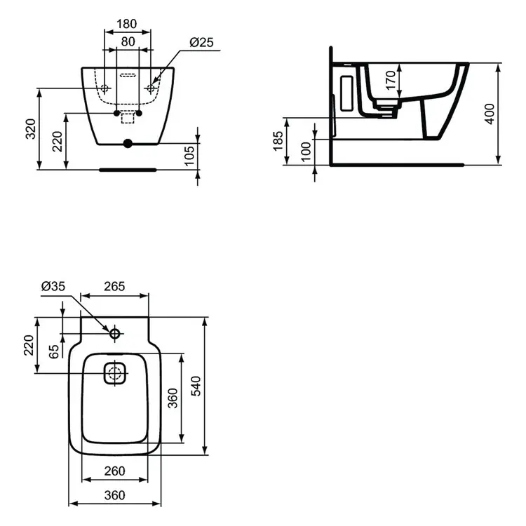 Ideal Standard Strada II - Hangend Bidet, 360x540 Mm, Met Overloop, Kraangat, Wit T456801 2 Ideal Standard Strada II - Hangend Bidet, 360x540 Mm, Met Overloop, Kraangat, Wit T456801 - Afbeelding 2