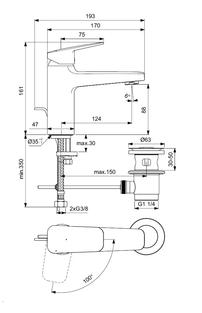 Ideal Standard CeraPlan - Wastafelkraan, Met Uitloop, BlueStart, Zijde Zwart BD228XG 2 Ideal Standard CeraPlan - Wastafelkraan, Met Uitloop, BlueStart, Zijde Zwart BD228XG - Afbeelding 2