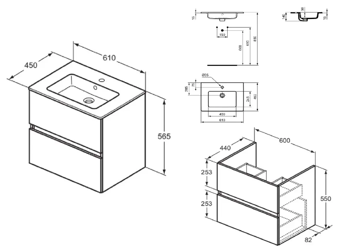 Ideal Standard Eurovit - Kast Met Wastafel, 55x60x44 Cm, 2 Laden, Notenhout R0572Y9 2 Ideal Standard Eurovit - Kast Met Wastafel, 55x60x44 Cm, 2 Laden, Notenhout R0572Y9 - Afbeelding 2