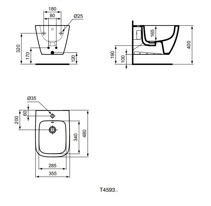 Ideal Standard I.Life S - Hangend Bidet, 355x480 Mm, Met Overloop, Kraangat, Wit T459301 2 Ideal Standard I.Life S - Hangend Bidet, 355x480 Mm, Met Overloop, Kraangat, Wit T459301 - Afbeelding 2
