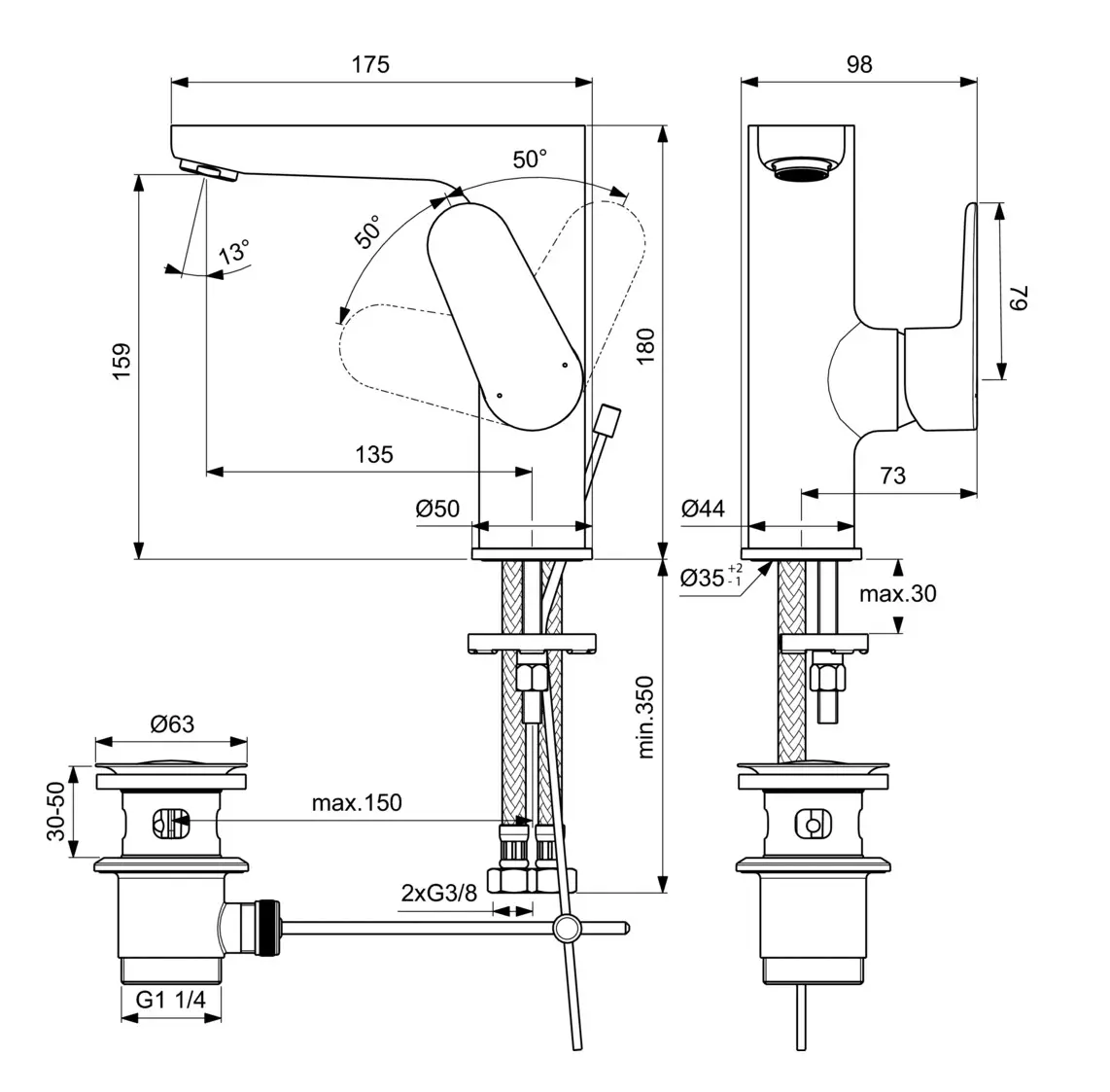Ideal Standard Cerafine O - Wastafelkraan Met Waste, Zwart BC703XG 2 Ideal Standard Cerafine O - Wastafelkraan Met Waste, Zwart BC703XG - Afbeelding 2