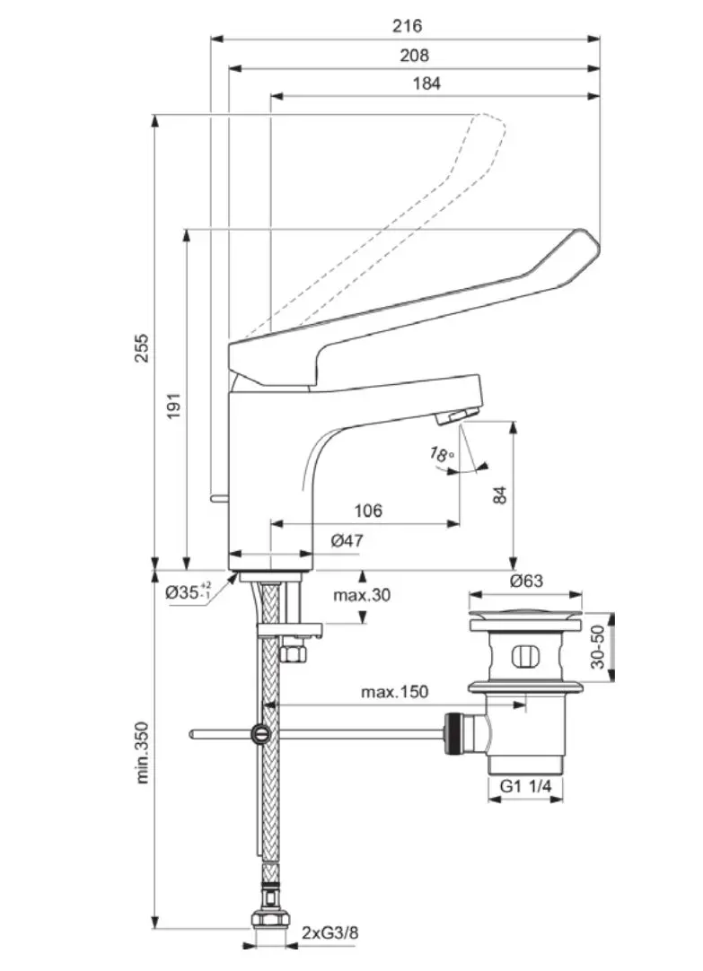 Ideal Standard Cerabase - Wastafelkraan Met Medische Hendel, Met Uitloop, Chroom BD061AA 2 Ideal Standard Cerabase - Wastafelkraan Met Medische Hendel, Met Uitloop, Chroom BD061AA - Afbeelding 2