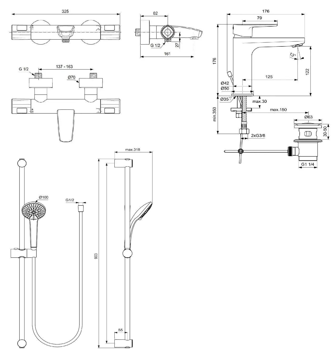 Ideal Standard CeraTherm - Doucheset Met Thermostaat En Wastafelkraan, 3 Stralen, Chroom BC985AA 2 Ideal Standard CeraTherm - Doucheset Met Thermostaat En Wastafelkraan, 3 Stralen, Chroom BC985AA - Afbeelding 2