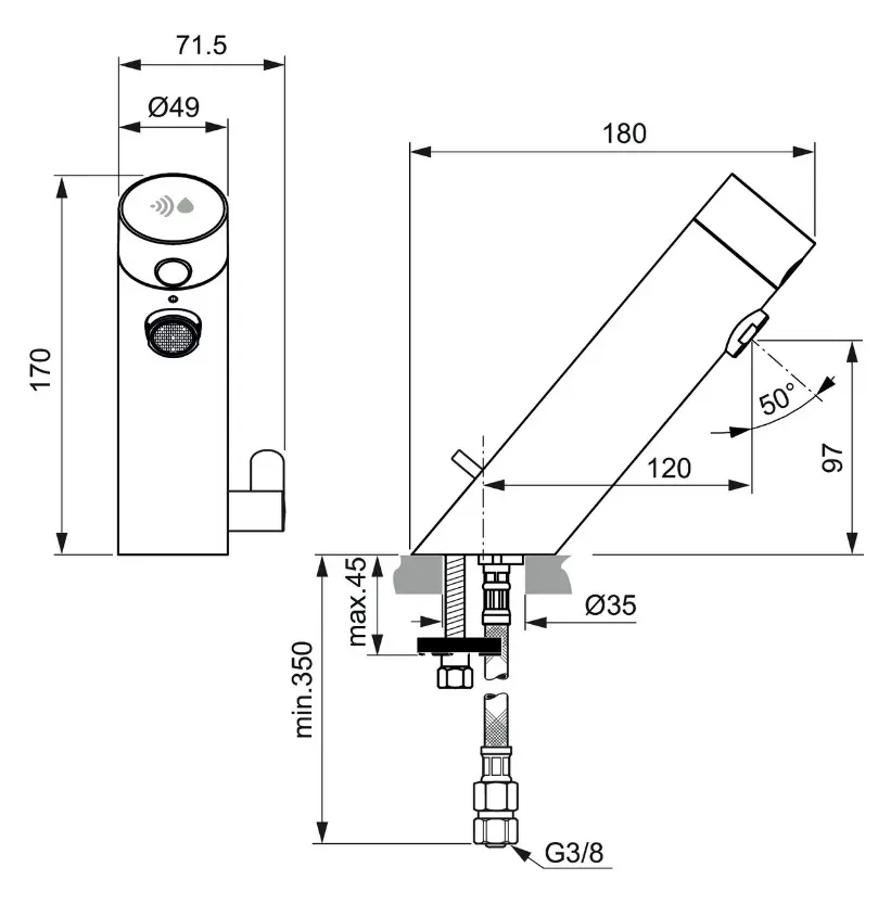 Ideal Standard SensorFlow - Elektronische Wastafelmengkraan, Batterij Voeding, Zwart Onyx A7559B3 2 Ideal Standard SensorFlow - Elektronische Wastafelmengkraan, Batterij Voeding, Zwart Onyx A7559B3 - Afbeelding 2